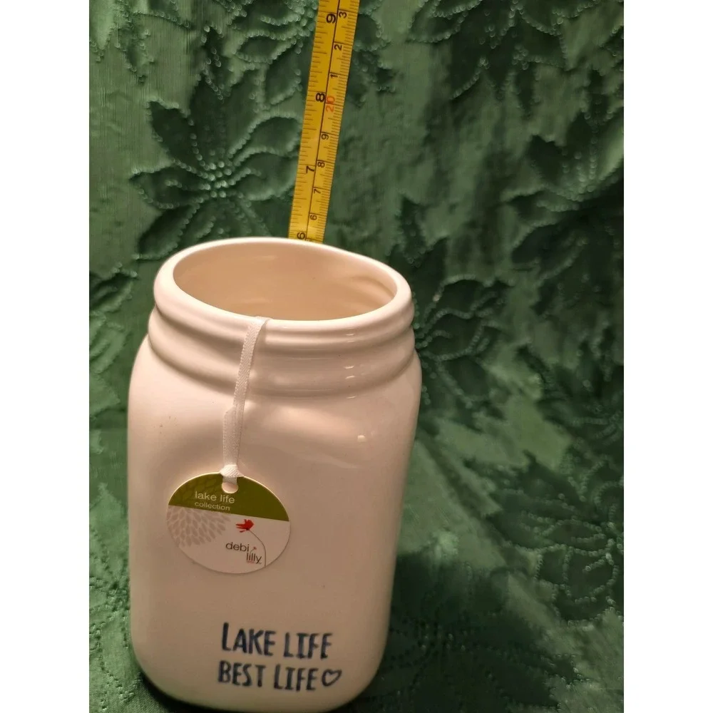 Debi Lilly Lake Life Best Life Mason Jar Ceramic Vase Holder Decor‎ Navy Text